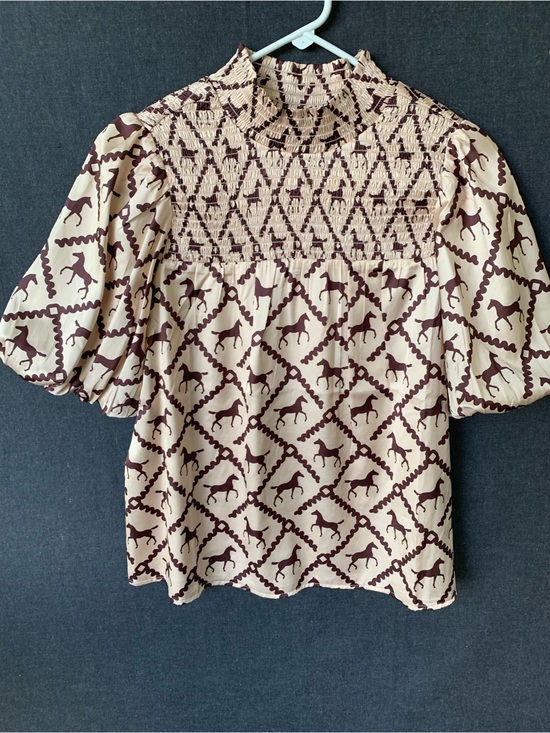 THML Tops - THML Smocked High Neck Horse Print Puff Sleeve Top Cream Brown Women’s Small